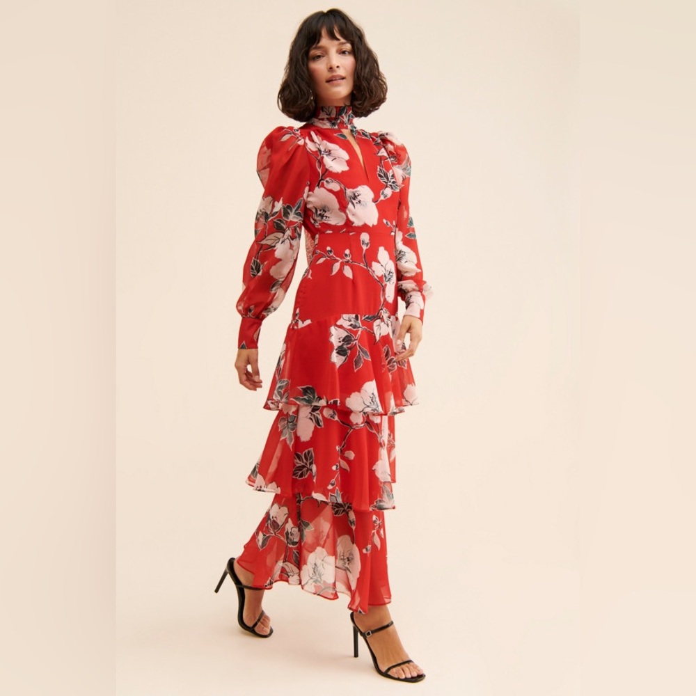 NWT Exquise from Anthropologie Red Floral Tiered Dress M